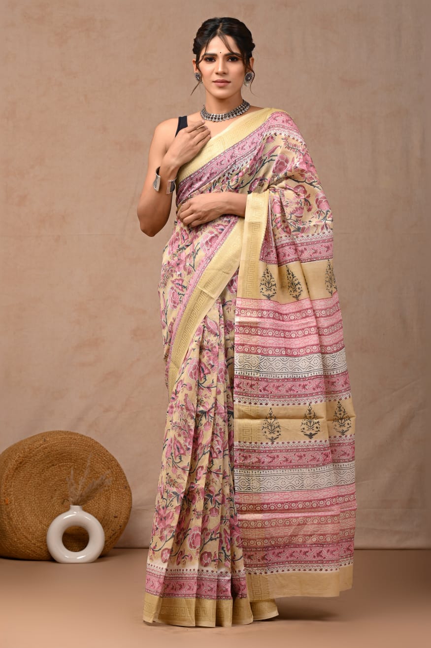 Cream maheshwari silk cotton saree 