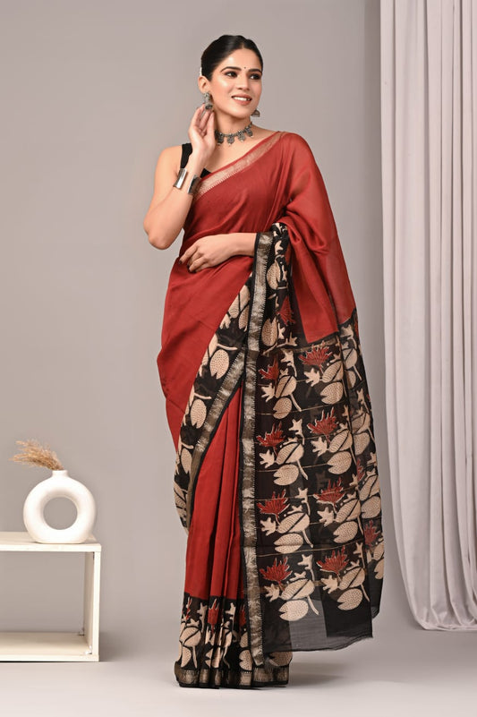 Red Maheshwari Silk Saree Cotton