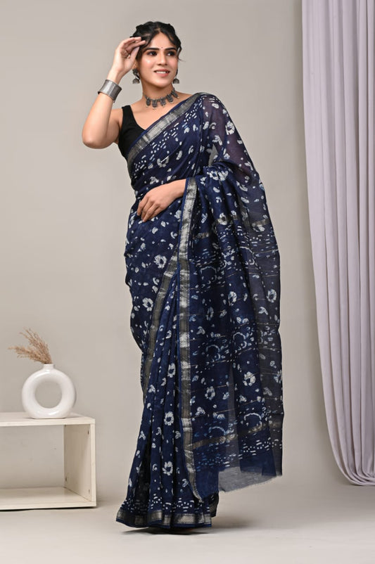 Indigo Blue Maheshwari Silk Cotton Saree