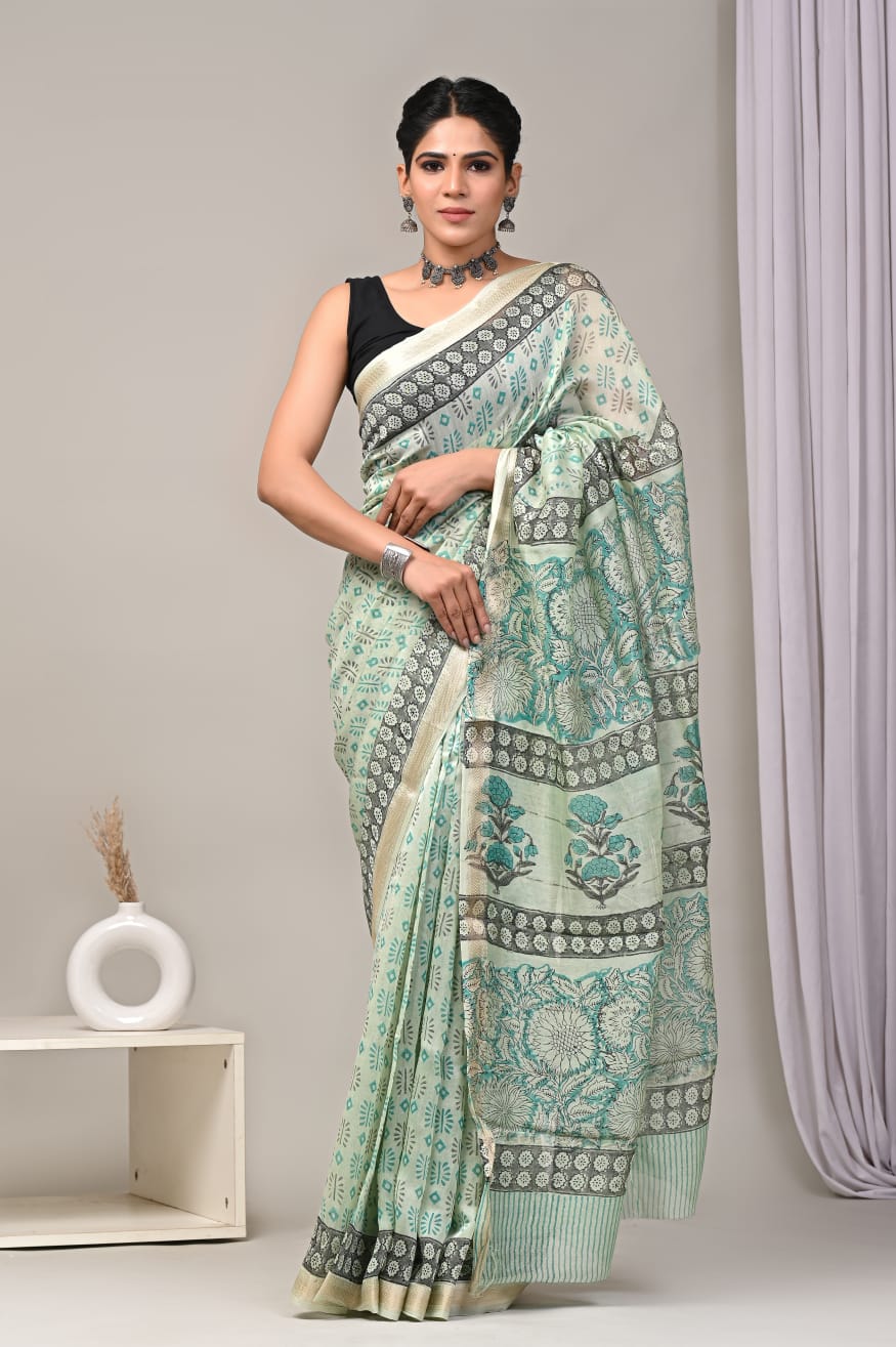 Pista Green Maheshwari Silk Cotton Saree