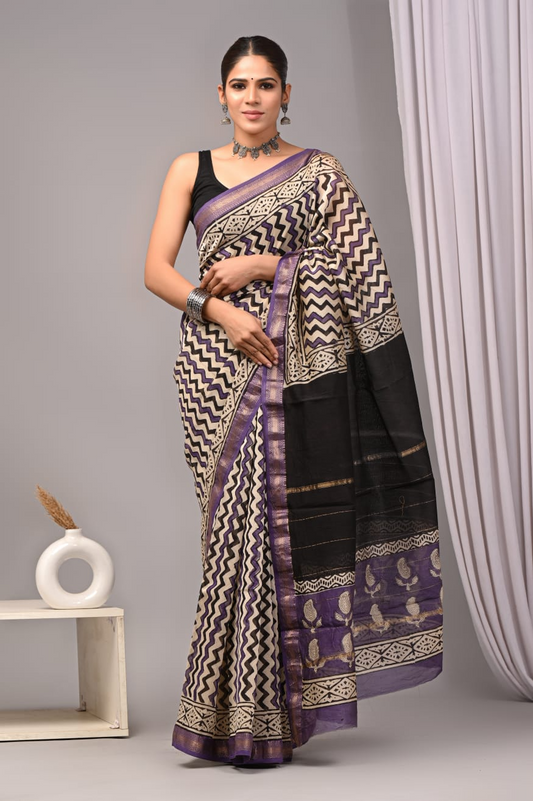 Cream Maheshwari Silk Cotton Saree
