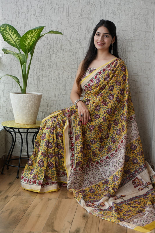Mango Yellow Maheshwari Silk Cotton Saree