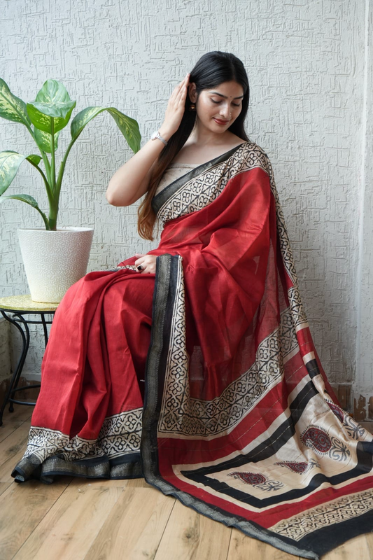 Red Maheshwari Silk Cotton Saree