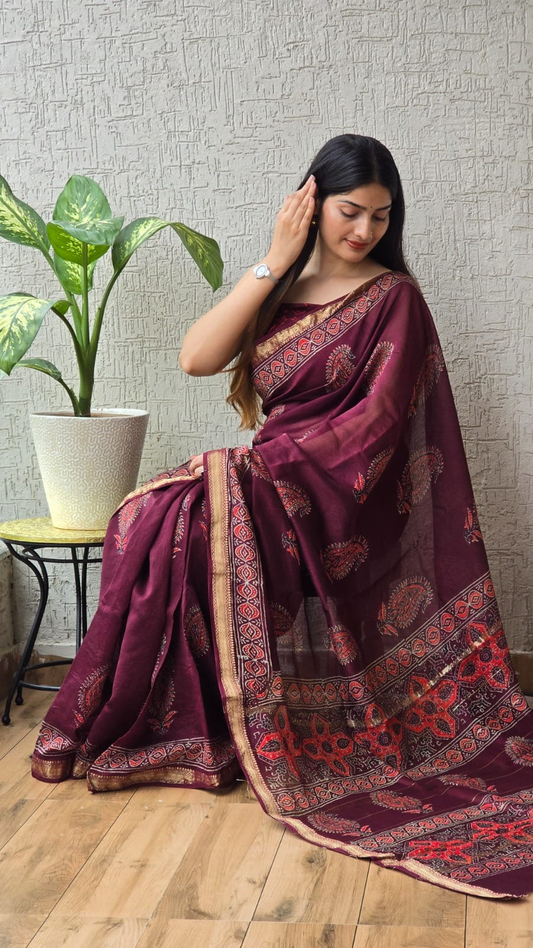 Wine Maheshwari Silk Cotton Saree