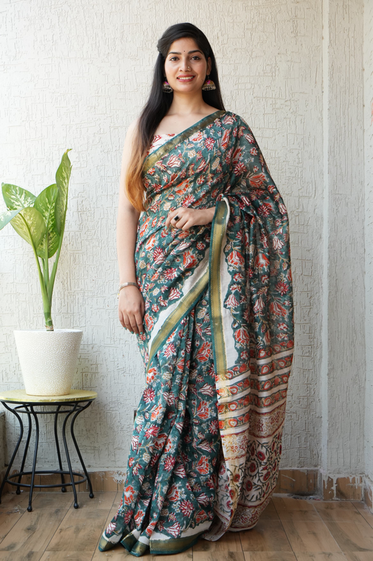 Teal Blue Maheshwari Silk Cotton Saree