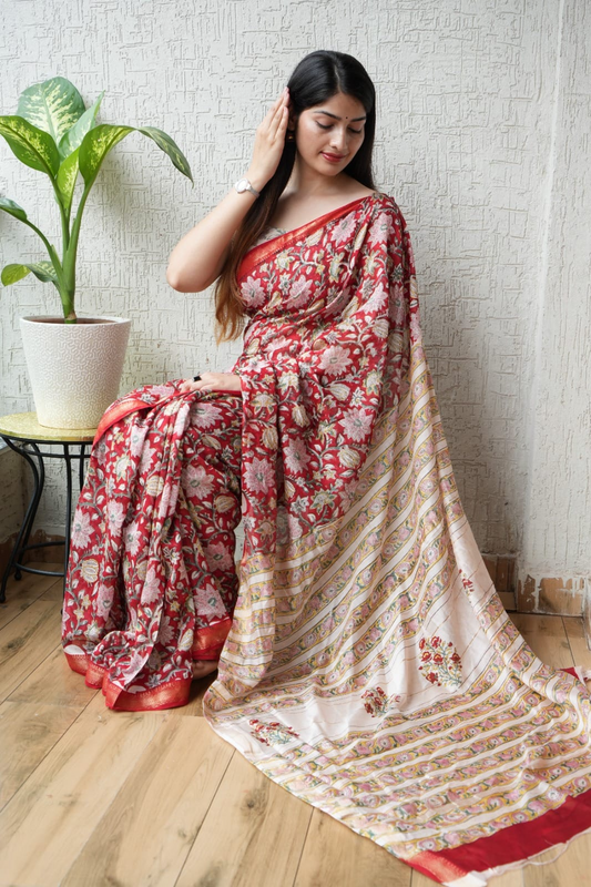 Rust Red Maheshwari Silk Cotton Saree