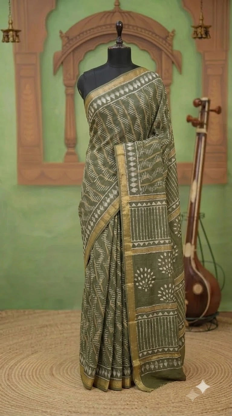 Olive Green Maheshwari Silk Cotton Saree 