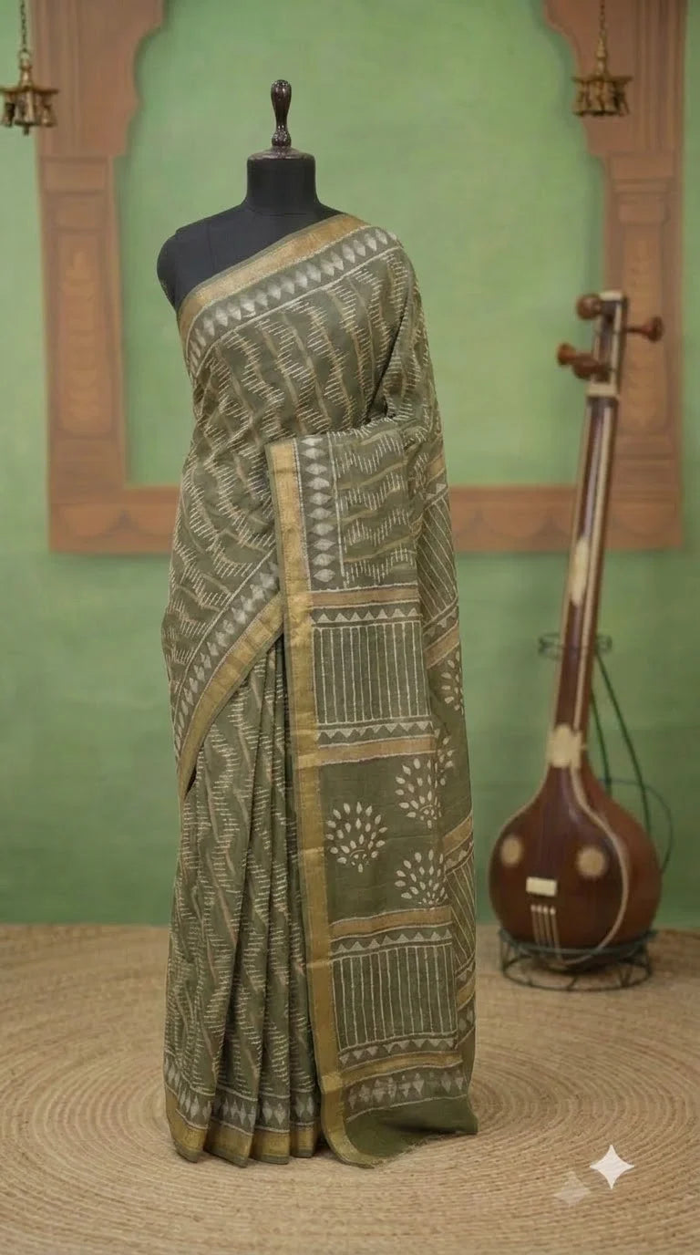 Olive Green Maheshwari Silk Cotton Saree