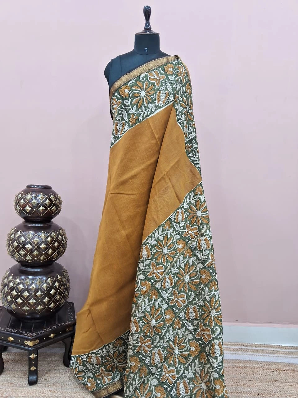Mustard Yellow Plain Maheshwari Silk Cotton Saree 