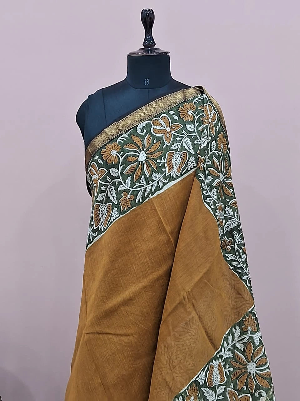 Mustard Yellow Plain Maheshwari Silk Cotton Saree 1