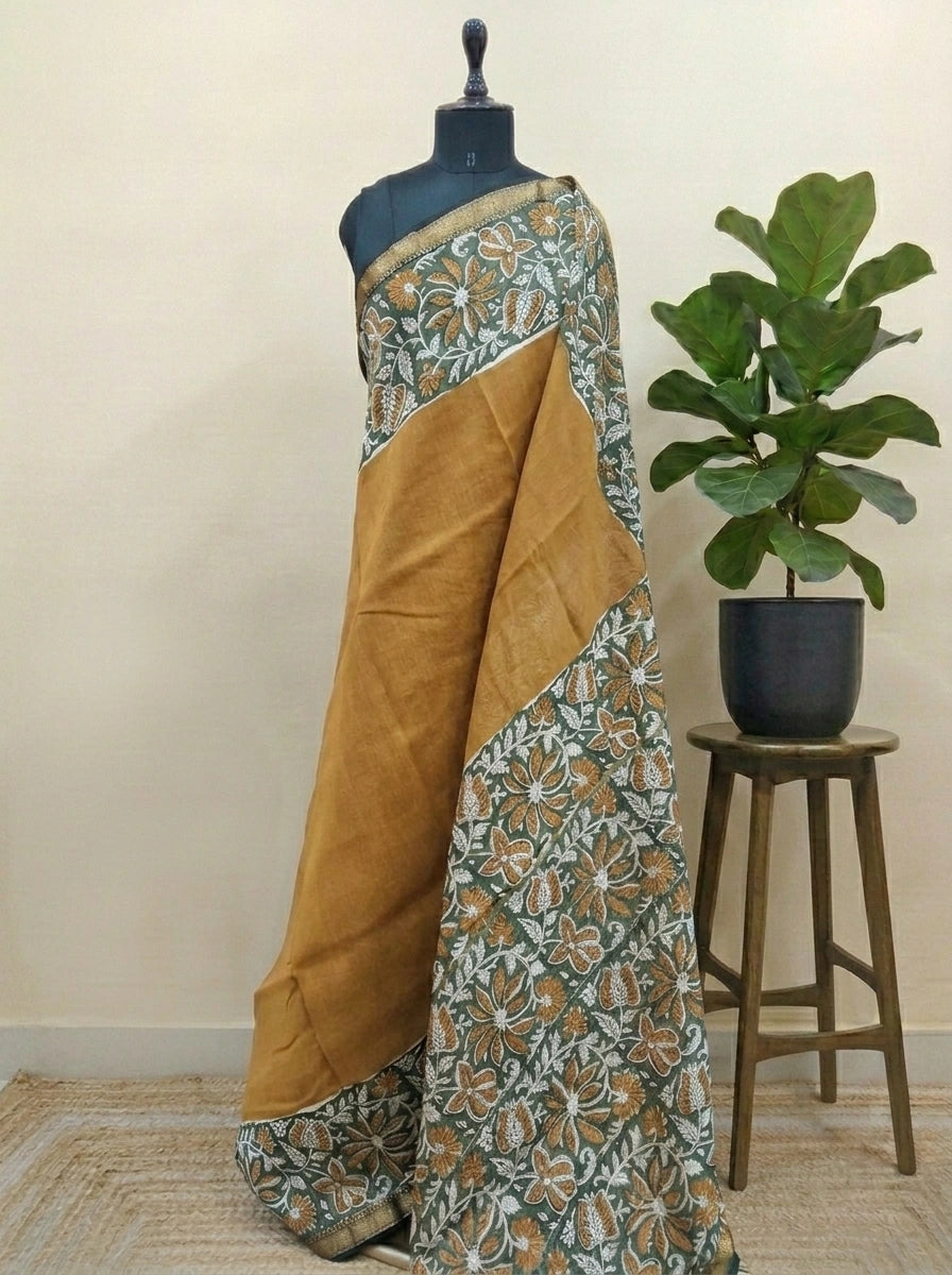 Mustard Yellow Plain Maheshwari Silk Cotton Saree 