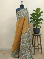 Mustard Yellow Plain Maheshwari Silk Cotton Saree 