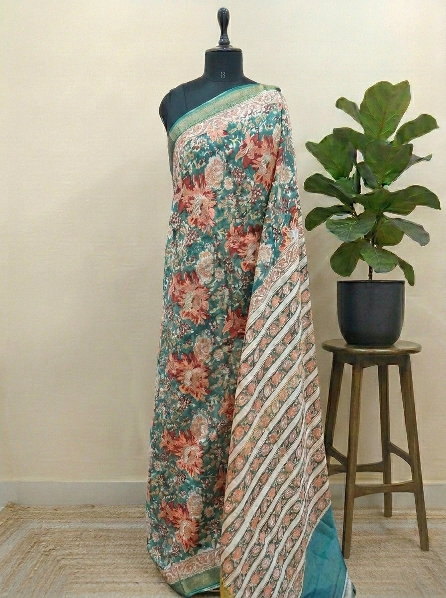 Teal Green Maheshwari Silk Cotton Saree 