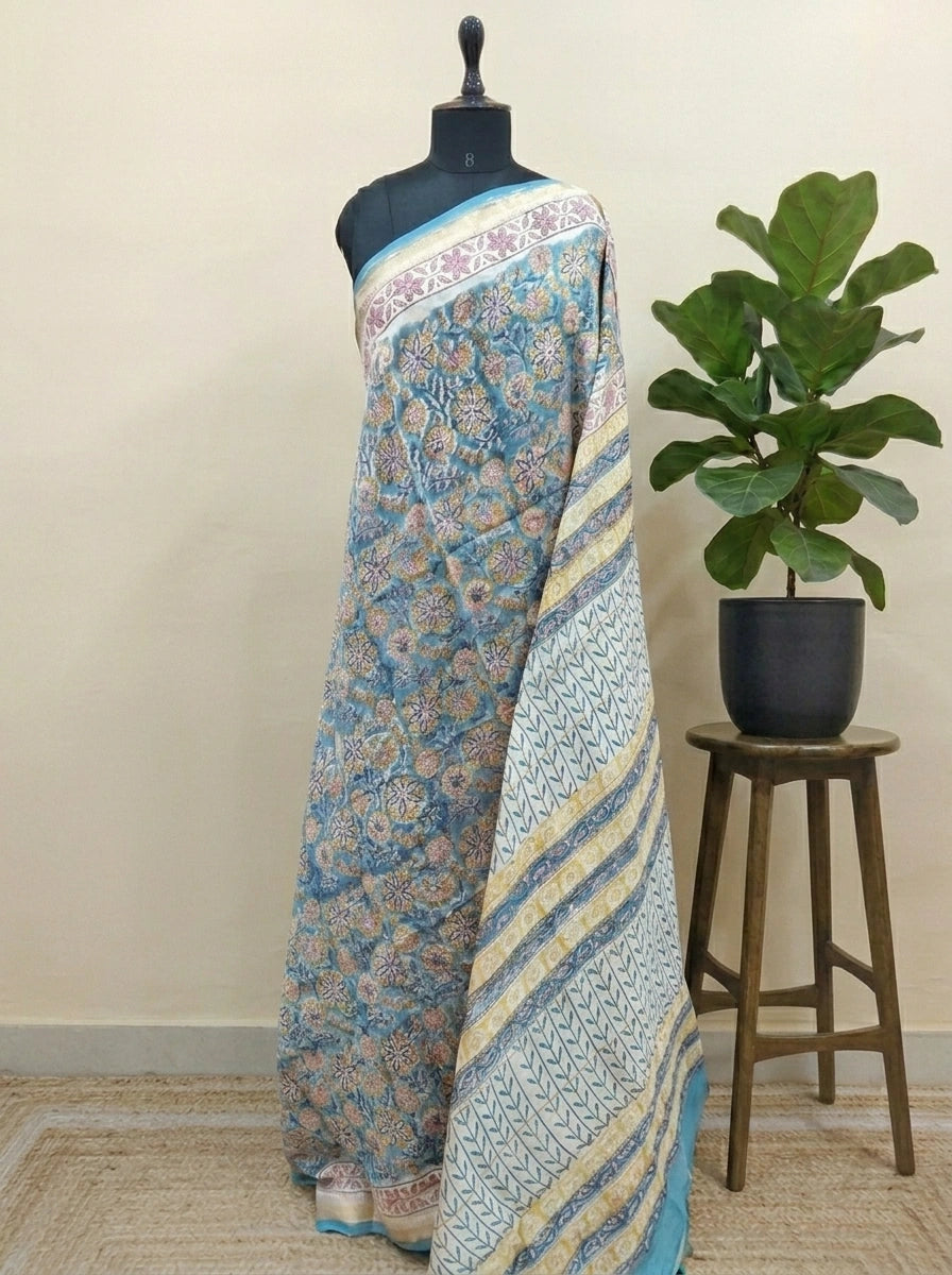 Baby blue Maheshwari Silk Cotton Saree 