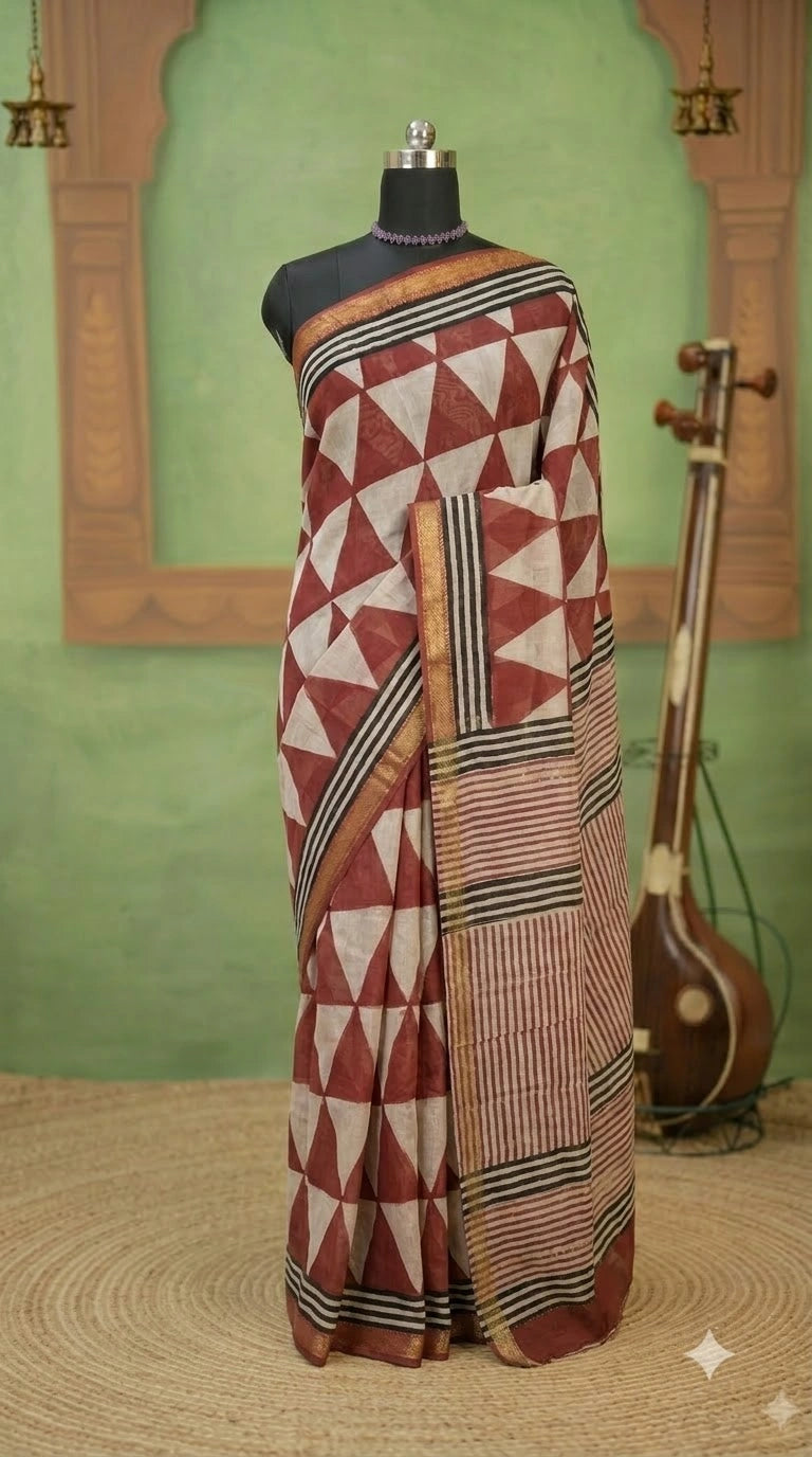 Beige Maheshwari silk cotton saree