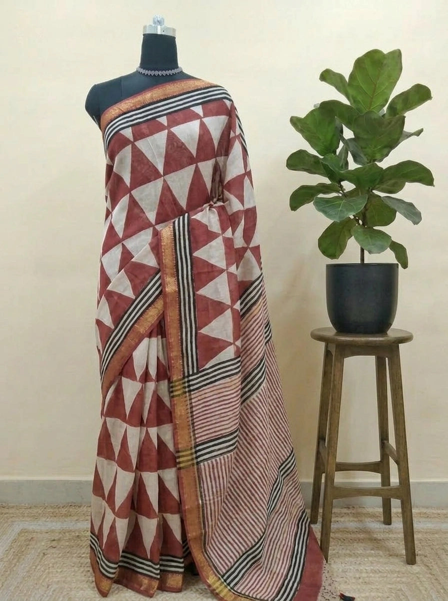 Beige Maheshwari silk cotton saree