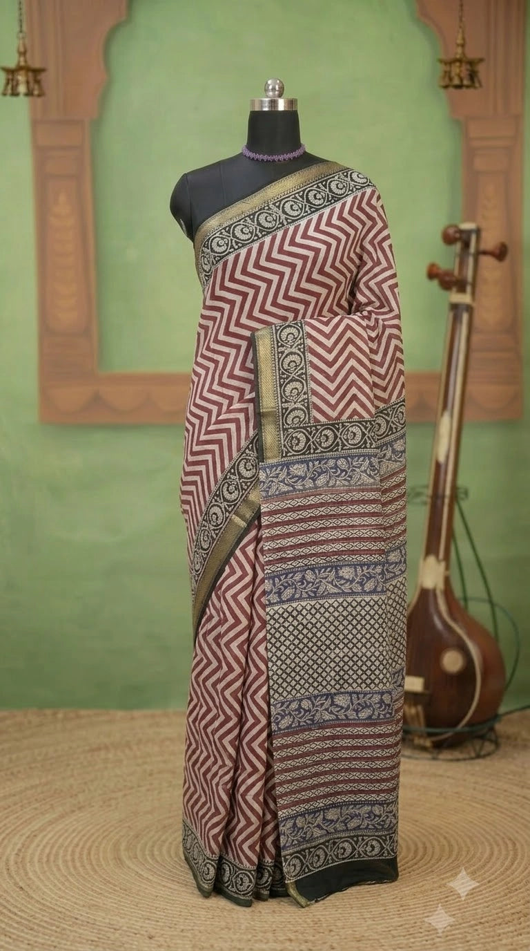 Brick Red Maheshwari silk cotton saree 