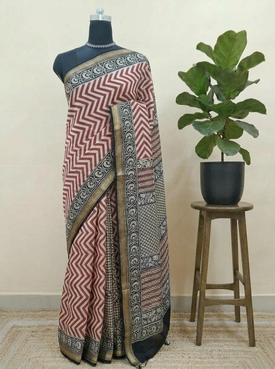 Brick Red Maheshwari silk cotton saree 