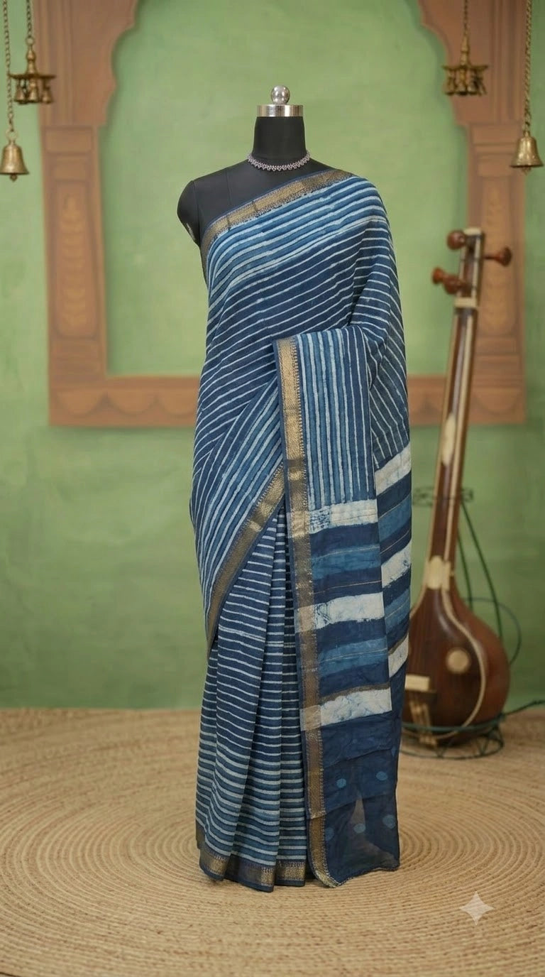 Blue Maheshwari silk cotton saree