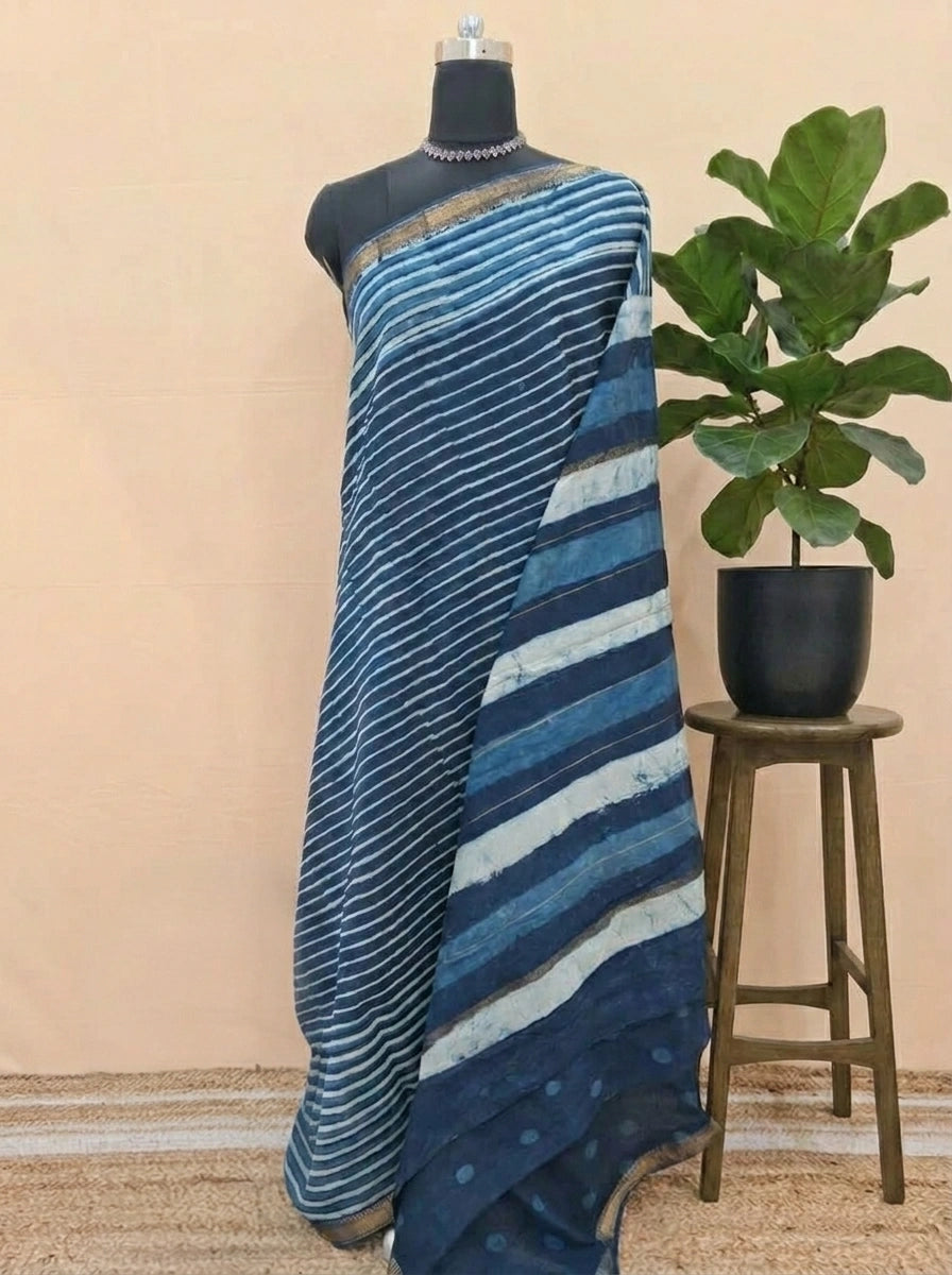 Blue Maheshwari silk cotton saree