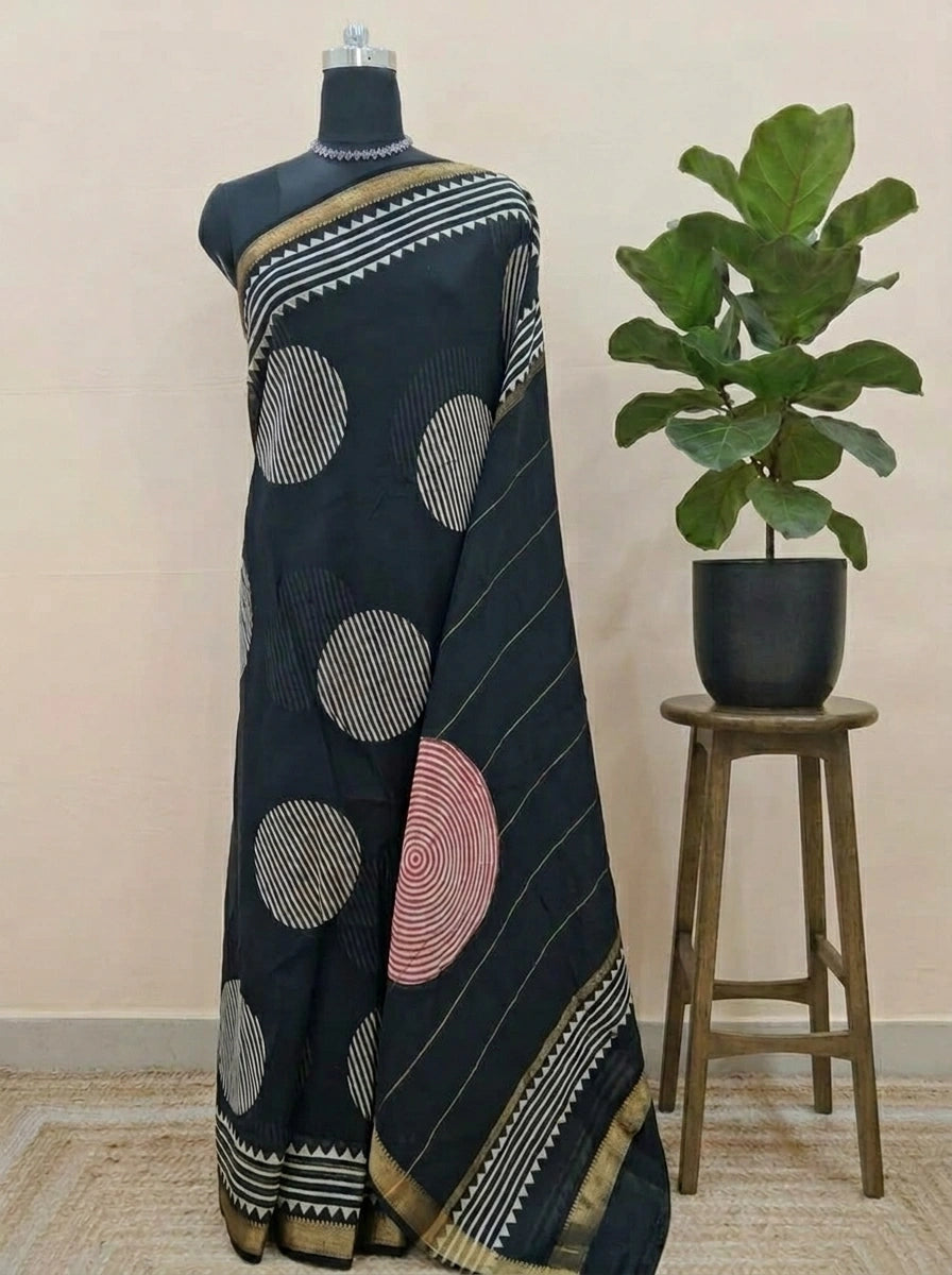 Black Maheshwari silk cotton saree