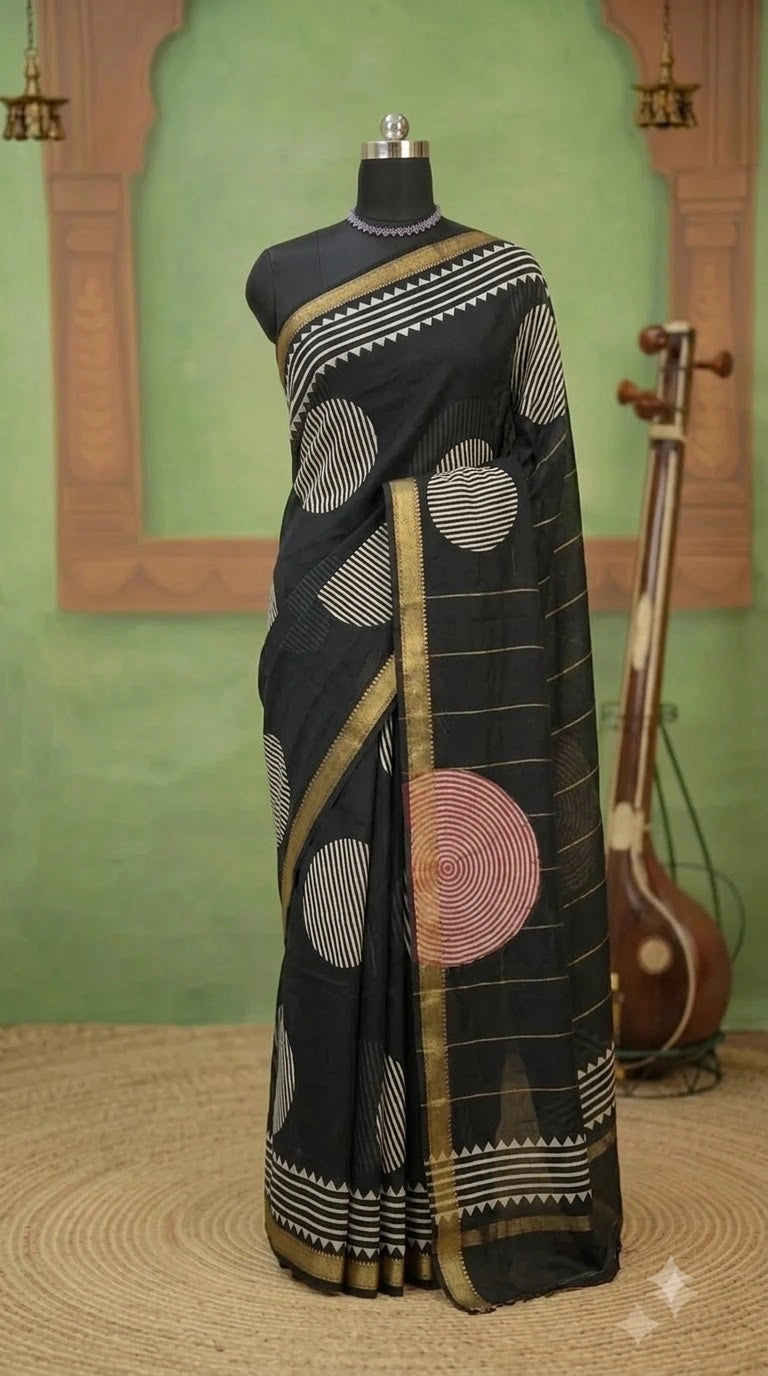 Black Maheshwari silk cotton saree
