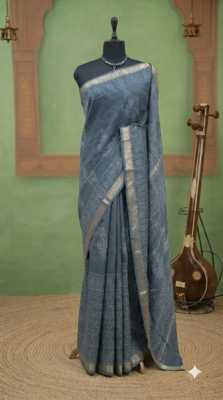 Dark Grey Maheshwari Silk Cotton Saree