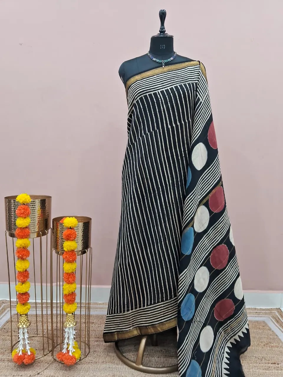 Pure Black Maheshwari Silk Cotton Saree