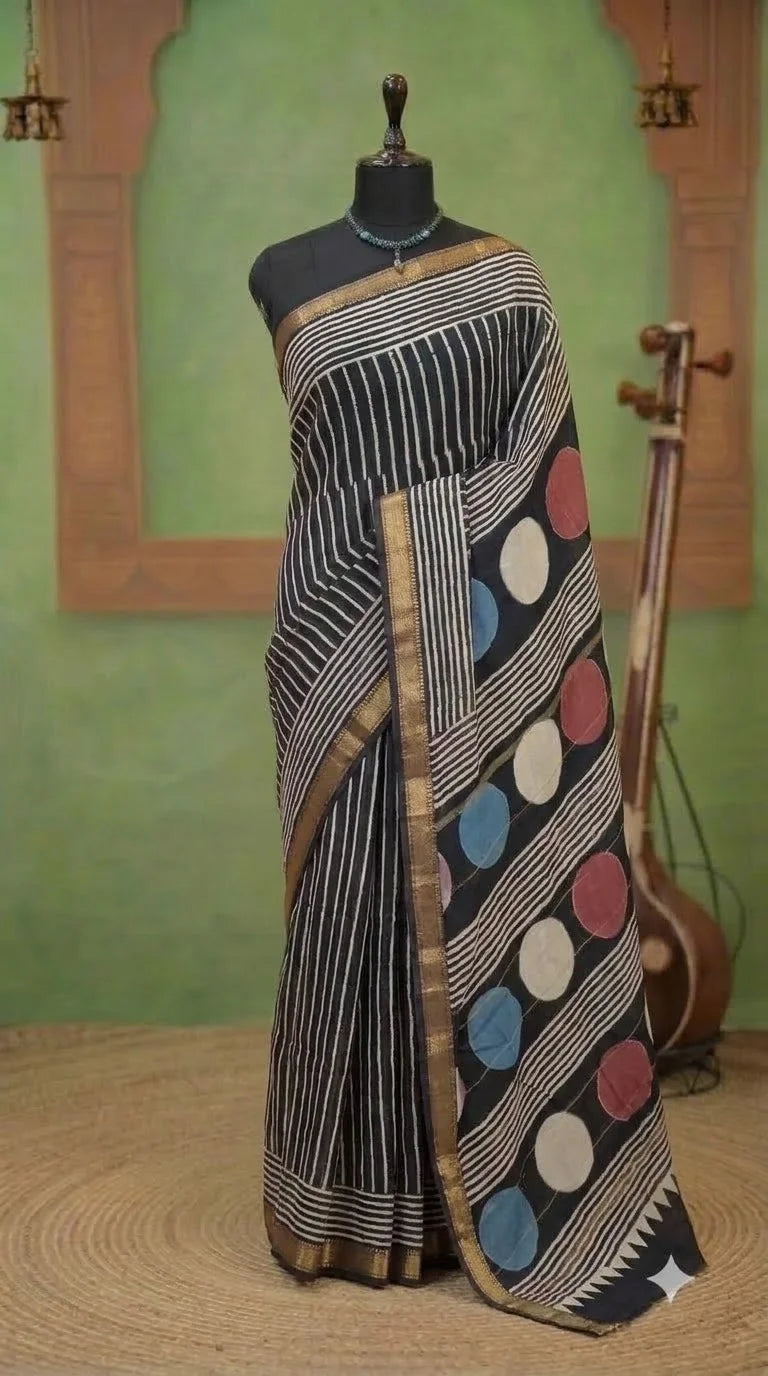 Pure Black Maheshwari Silk Cotton Saree
