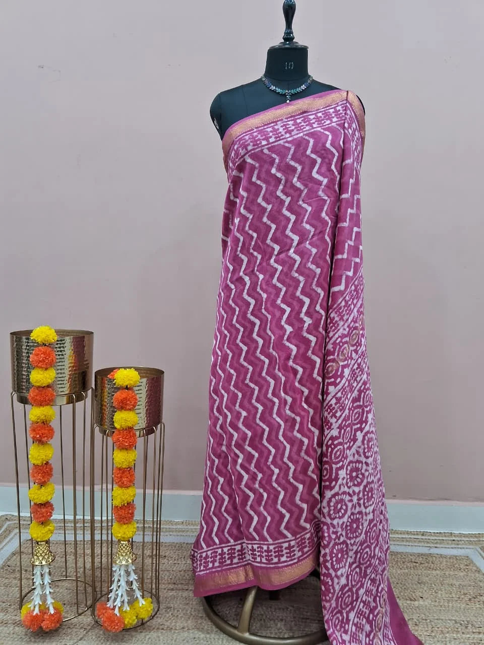 Light Pink Maheshwari Silk Cotton Saree