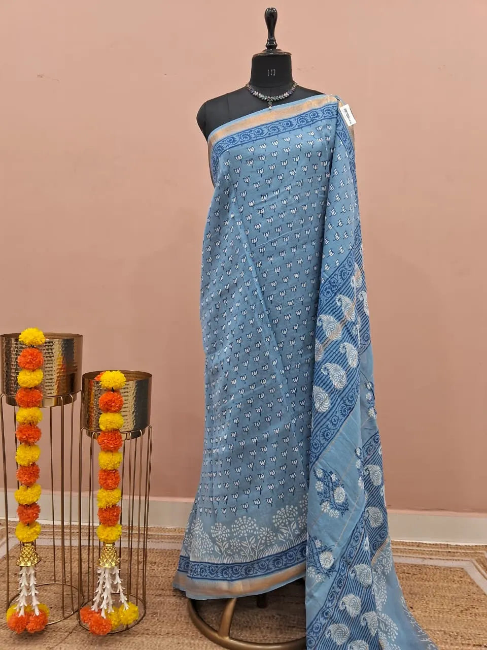 Baby Blue Maheshwari Silk Cotton Saree 