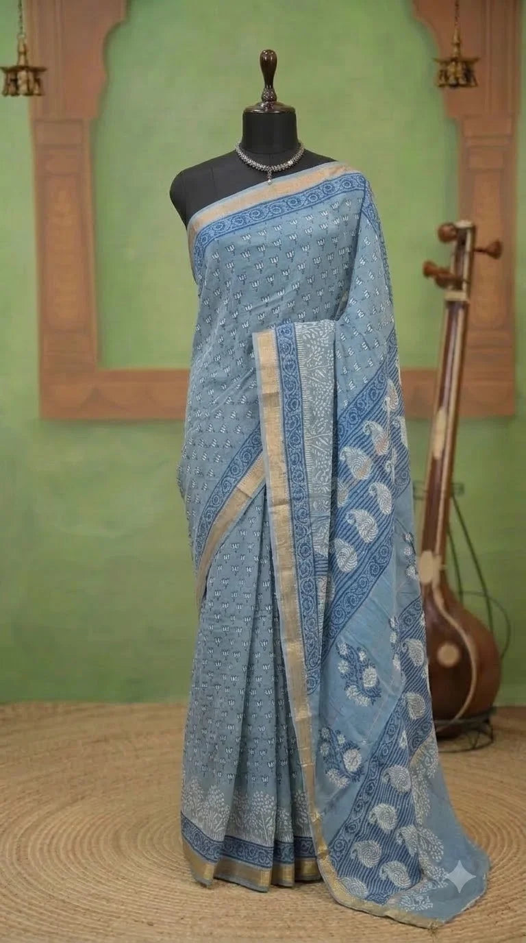 Baby Blue Maheshwari Silk Cotton Saree 