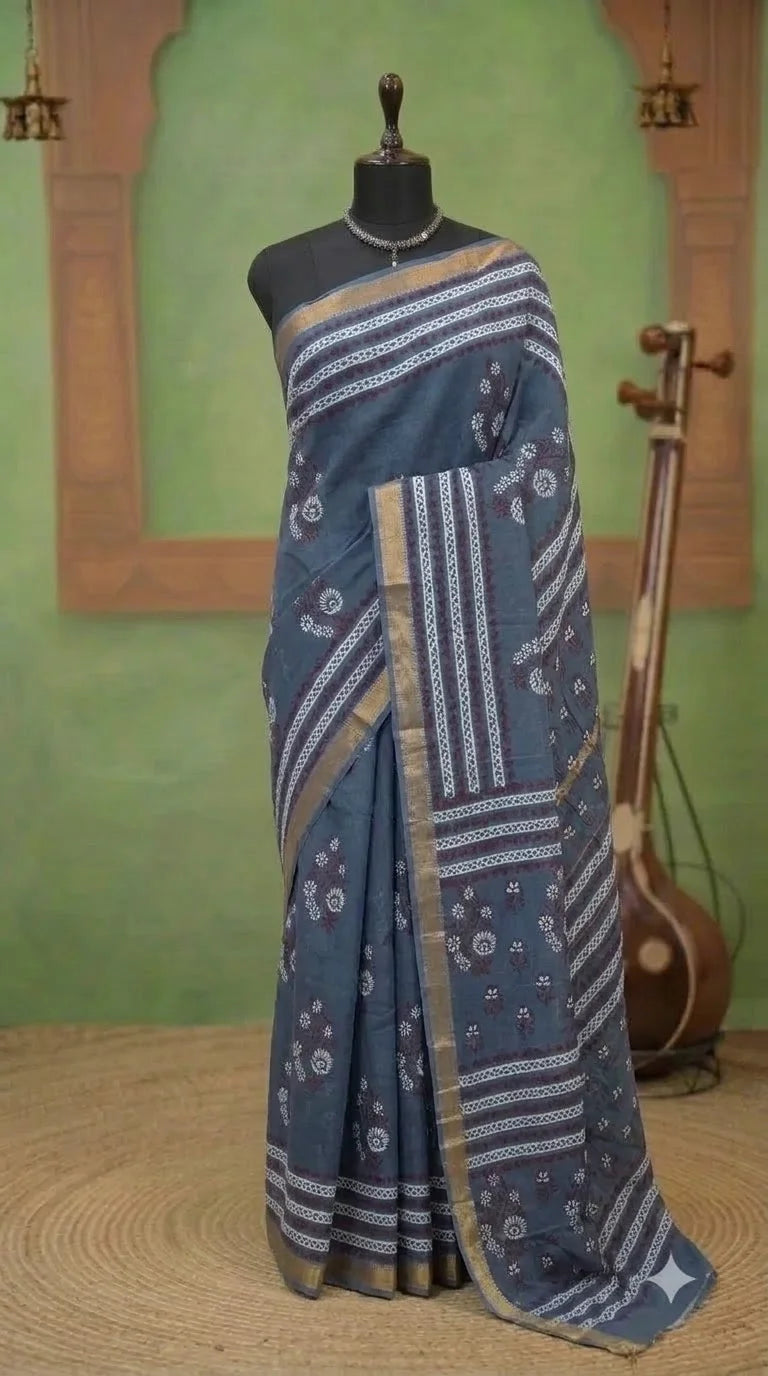 Dark Grey Maheshwari Silk Cotton Saree