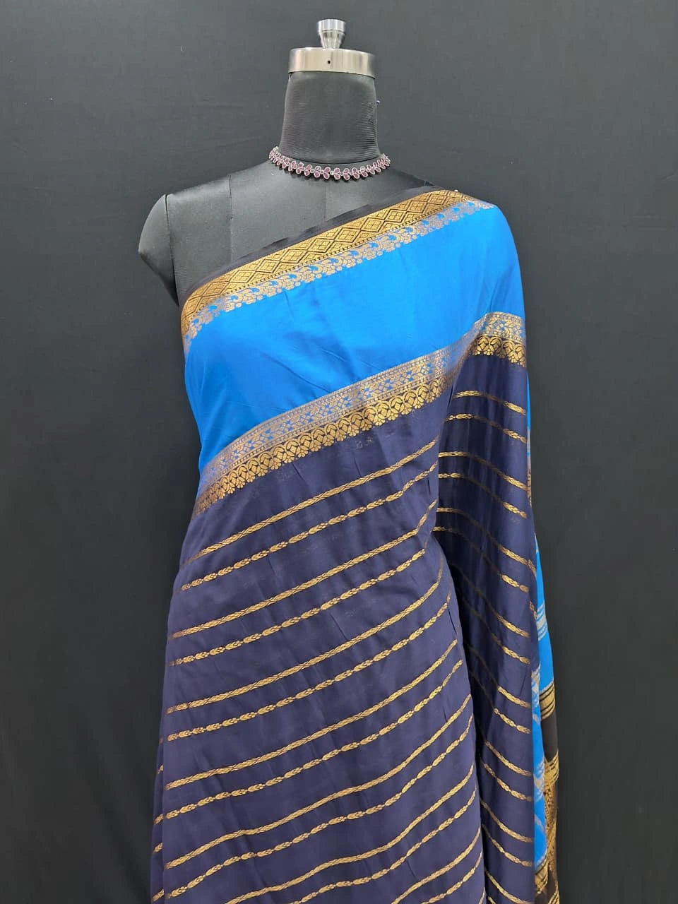 Dark Navy Blue Mysore Crepe Silk Saree 1