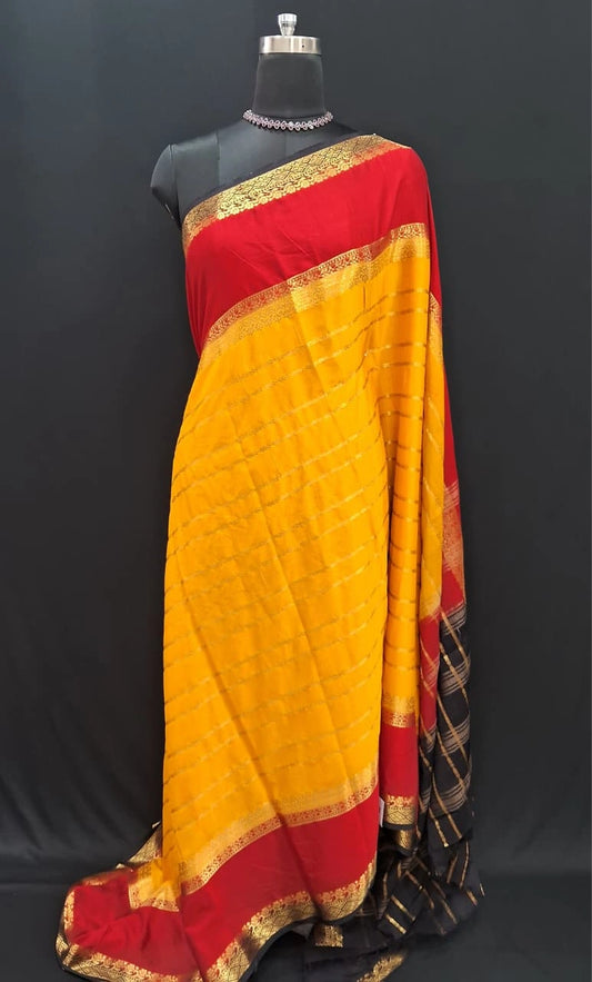 Mango Yellow Mysore Crepe Silk Saree with Elegant Zari