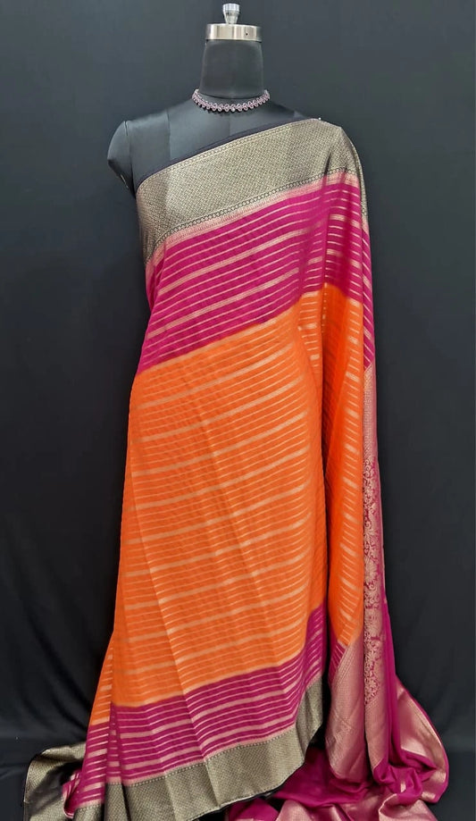 Orange and Rani Pink Pure Mysore Crepe Silk Saree 