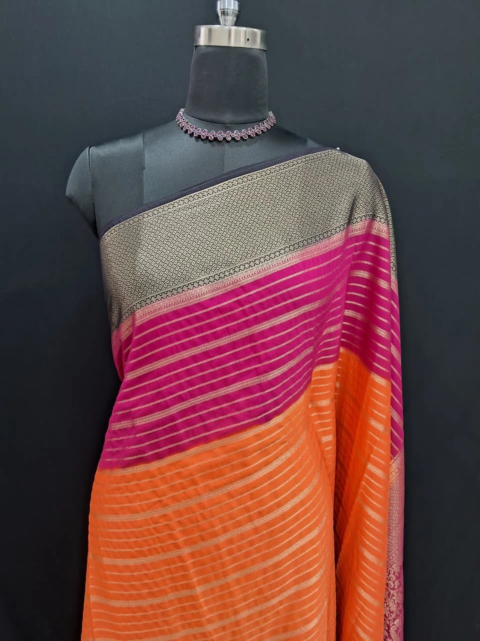 Orange and Rani Pink Pure Mysore Crepe Silk Saree 1