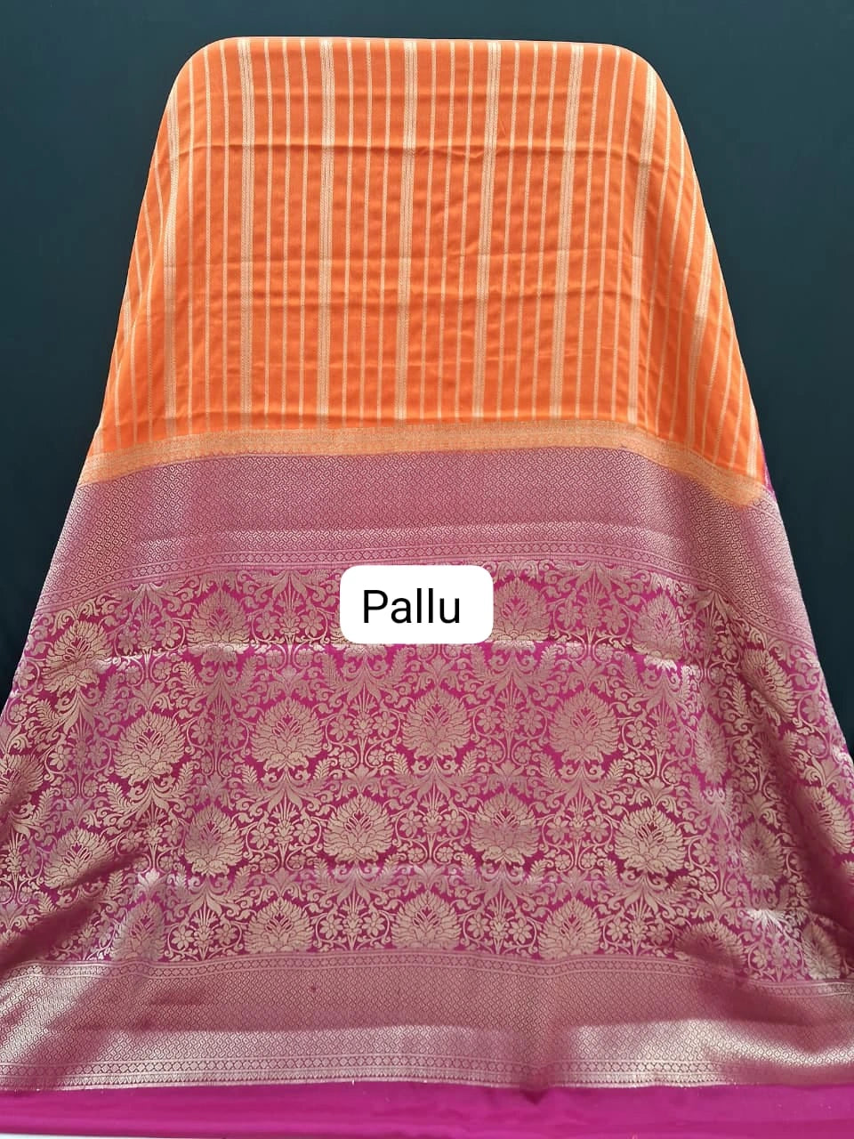 Orange and Rani Pink Pure Mysore Crepe Silk Saree Pallu