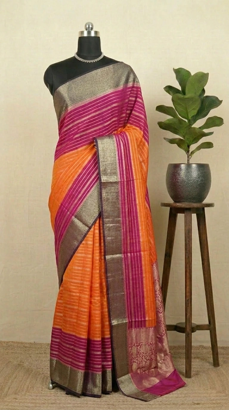 Orange and Rani Pink Mysore Crepe Silk Saree