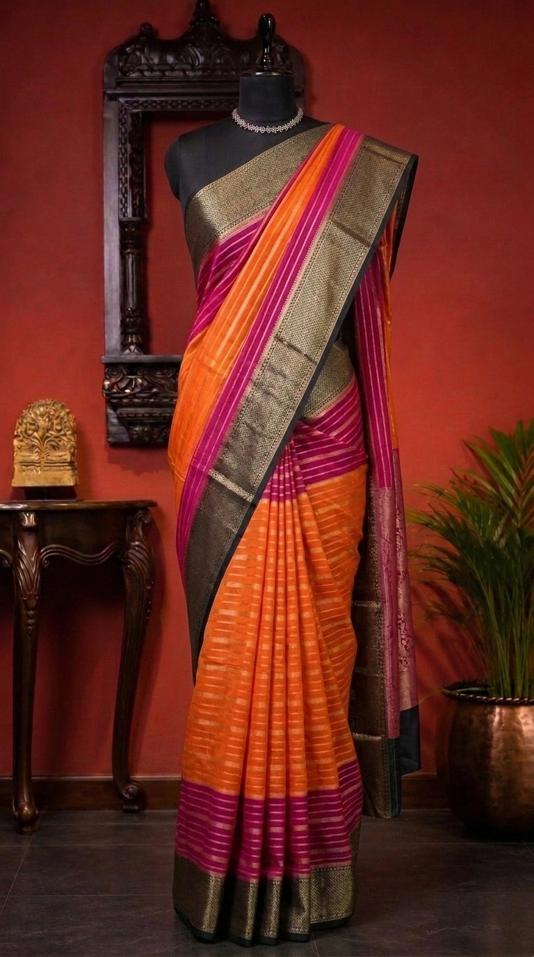 Orange and Rani Pink Pure Mysore Crepe Silk Saree 