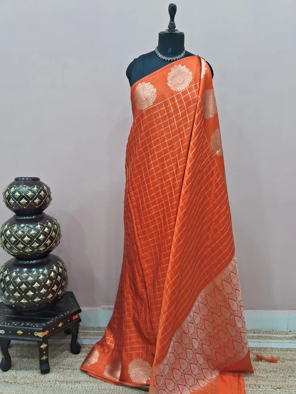 Dark Orange Mysore Crepe Silk Saree