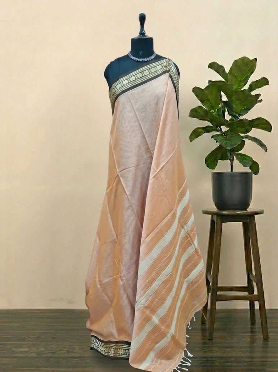 Light Orange Plain Narayanpet Cotton Saree
