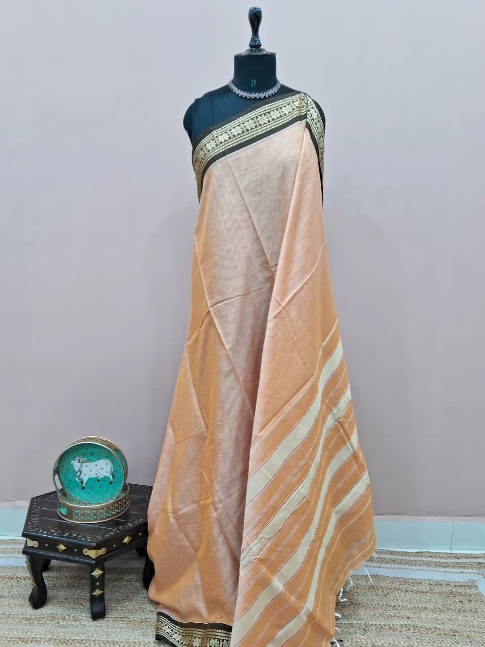 Light Orange Plain Narayanpet Cotton Saree