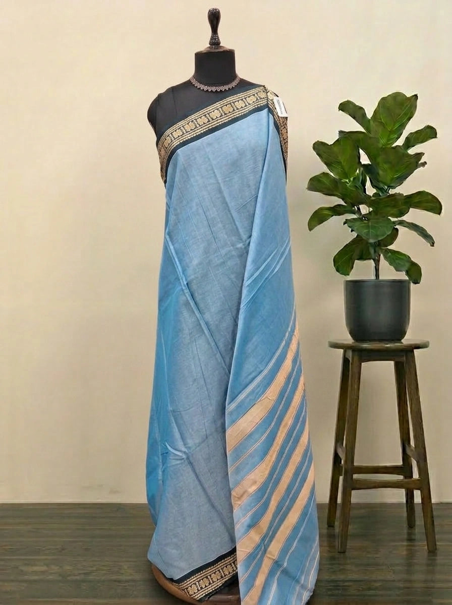 Baby Blue Plain Narayanpet Cotton Saree
