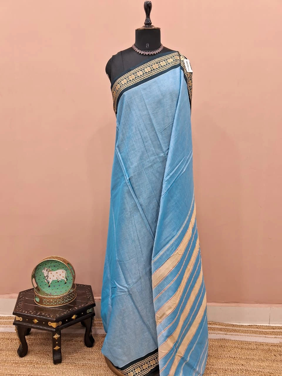 Baby Blue Plain Narayanpet Cotton Saree