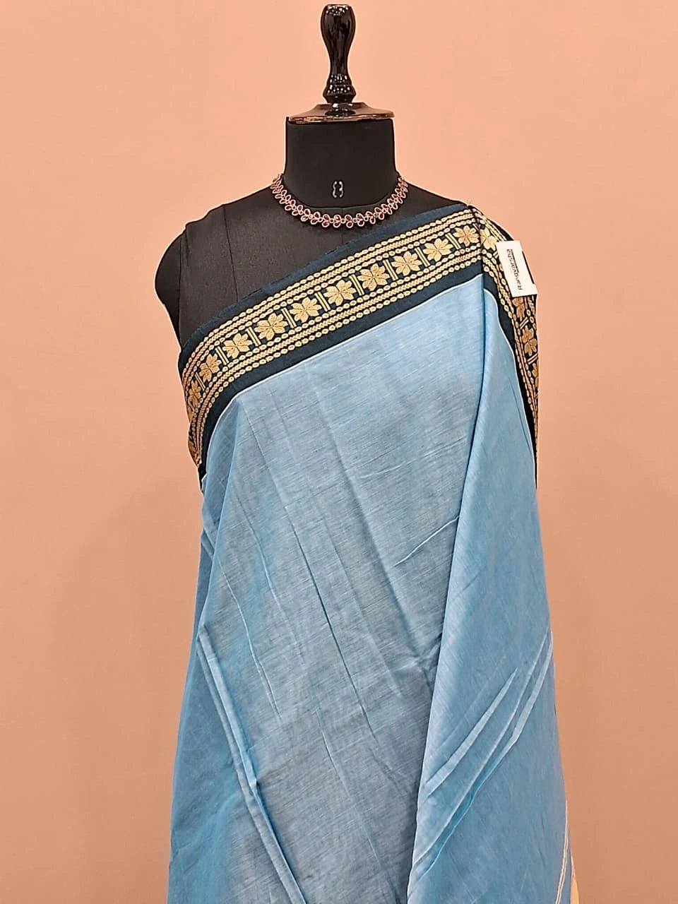 Baby Blue Plain Narayanpet Cotton Saree 1