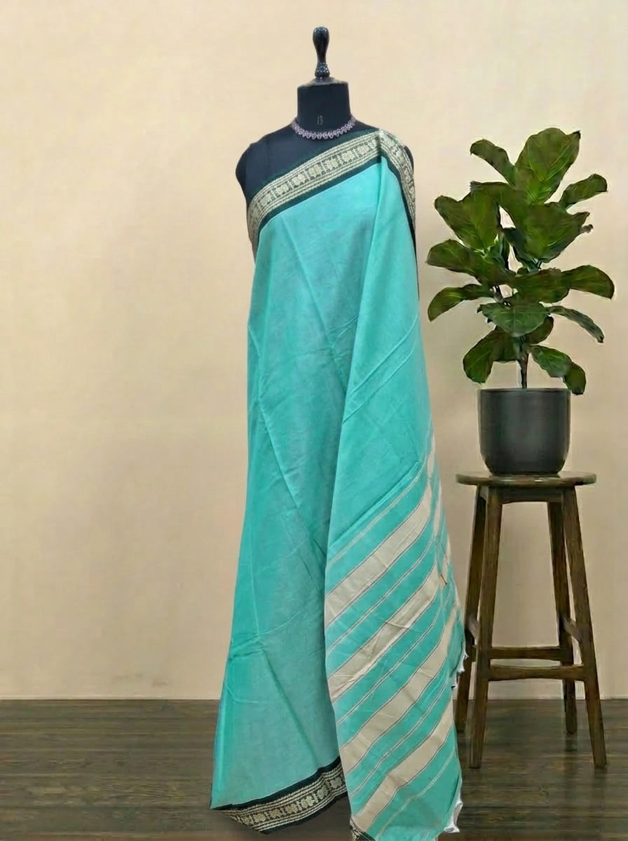 Turquoise Blue Plain Narayanpet Cotton Saree 