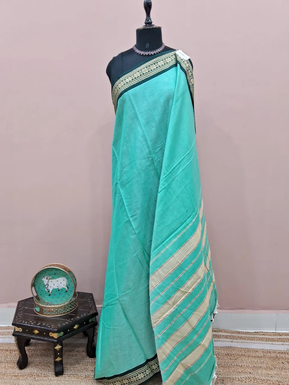 Turquoise Blue Plain Narayanpet Cotton Saree 