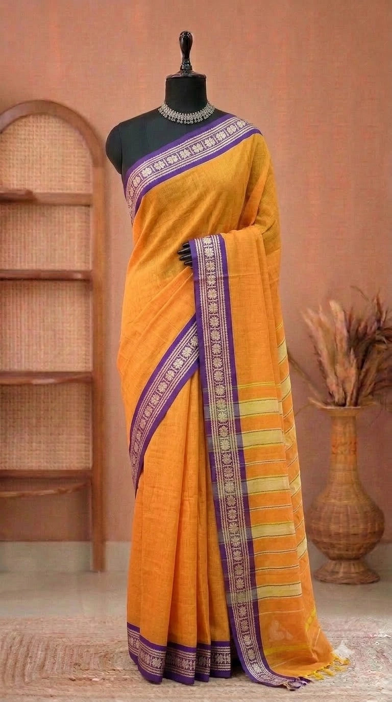 Mango Yellow Plain Narayanpet Cotton Saree 