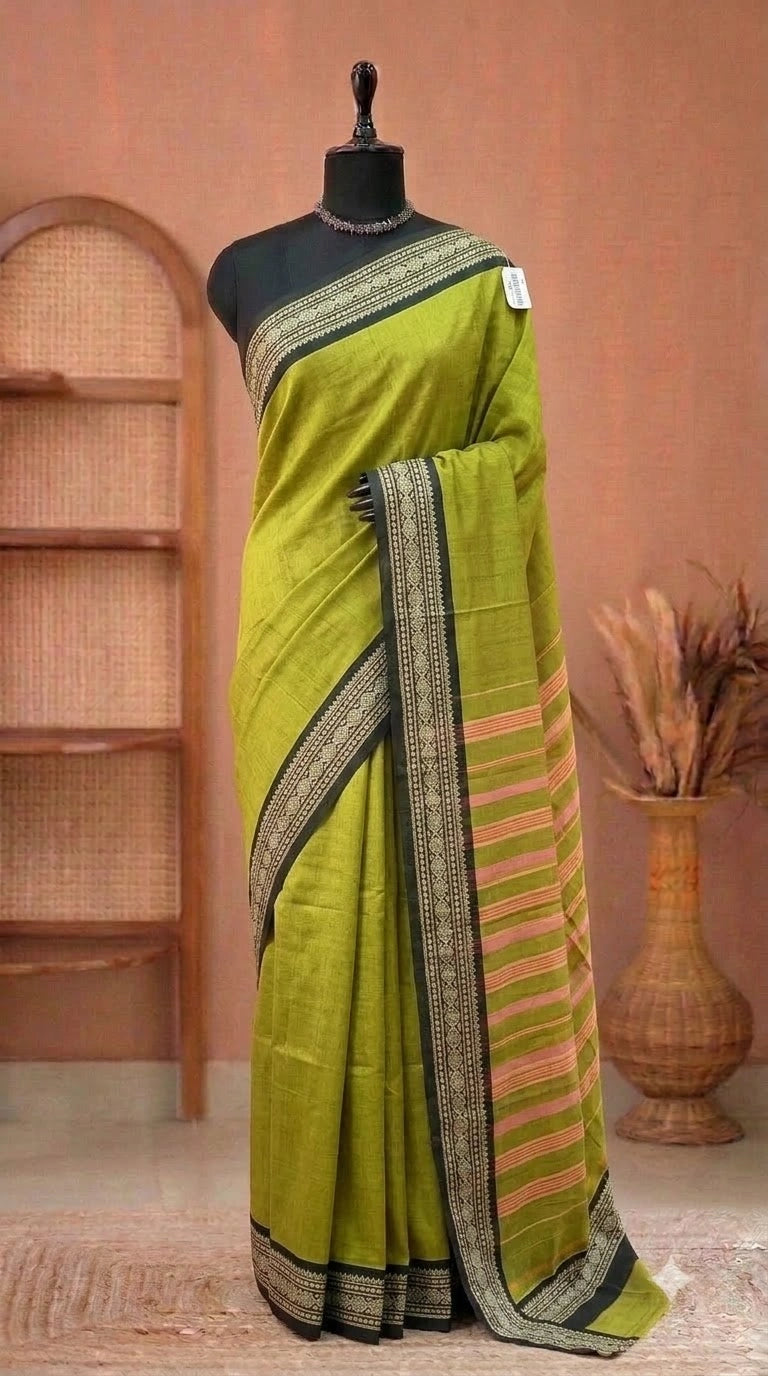 Mehandi Green Plain Narayanpet Cotton Saree 